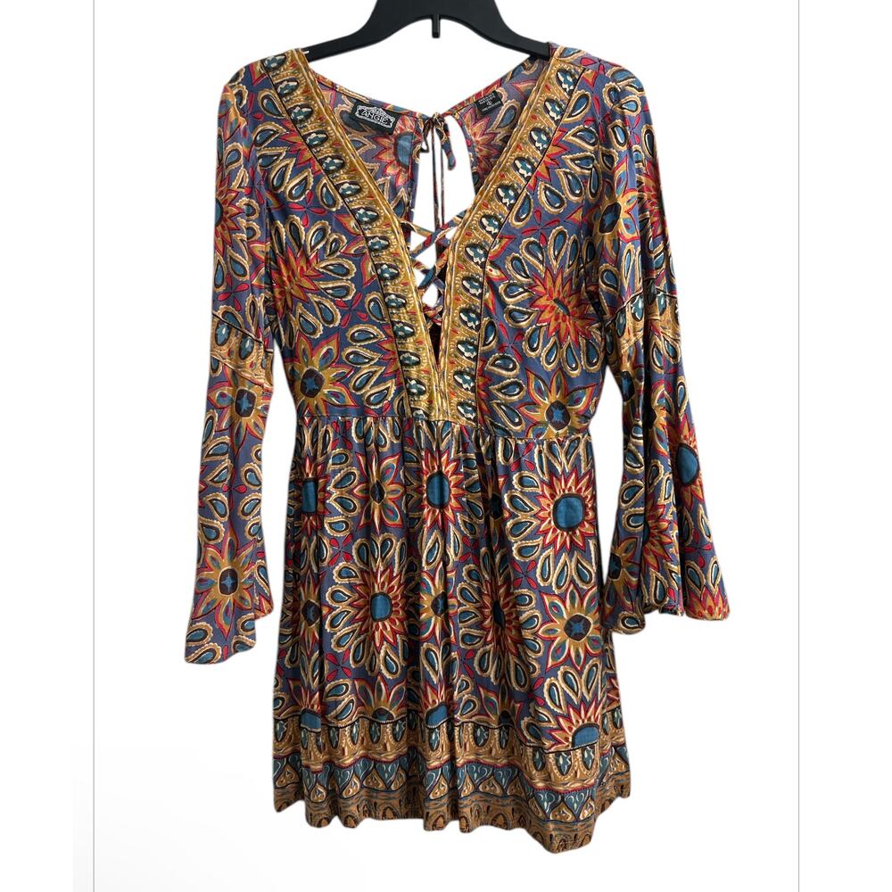 ANGIE Blossom Bell Sleeves Boho Floral Laced Up Women’s Mini Dress Size Small